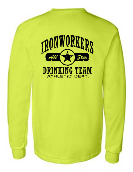 Ironworkers Drinking Team 42400 Men Funny Safety Green Long Sleeve Work Shirt