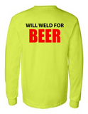 Will Weld For Beer 42400 Men Funny Safety Green Long Sleeve Work Shirt